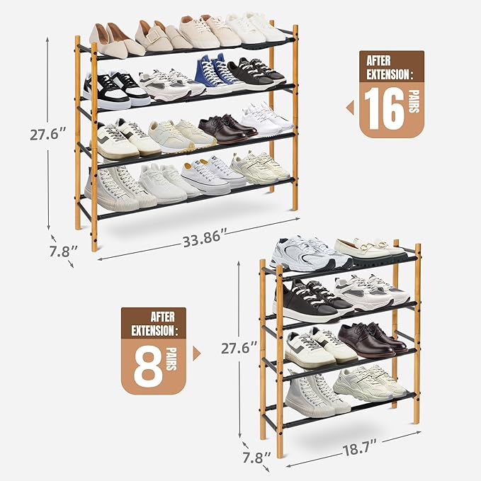 STORAGE MANIAC Expandable Shoe Rack, 12 Pairs Stackable Small Shoe Rack, Metal Adjustable Shoes Organizer for Closet, Entryway, Hallway, Garage, Front Door, Shoes Shelves, Bamboo 3 Tier