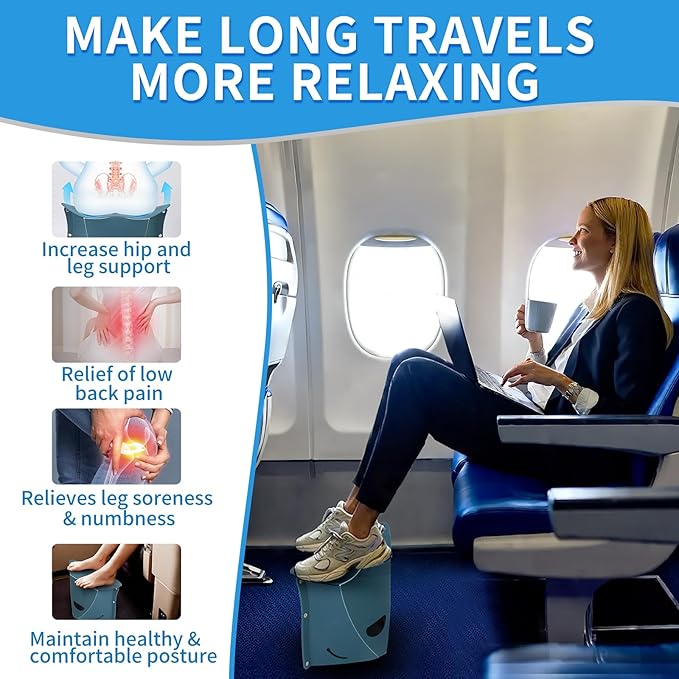 Travel Foot Rest for Airplane & Office - Portable Under Desk Foot Stool, Relieves Back & Knee Pain, Comfort for Long Flights, Cars, Subways & Trains (Blue)