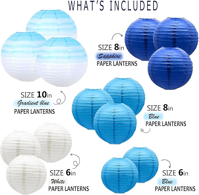 14 PCS Paper Lanterns, Gradient Colorful Blue Round Paper Lanterns Decorative Lantern Lamps, Hanging Paper Lanterns Chinese Tissue Paper Lanterns Indoor Room & Outdoor Party Supplies Decoration