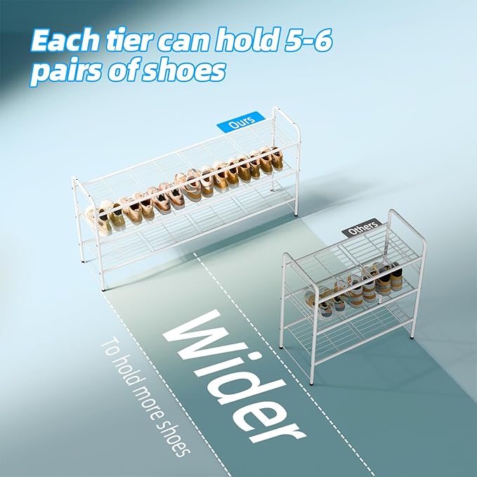 3 Tier Shoe Rack for Closet, 46.5 Inch Extra Long Shoe Storage Organizer for Shelves, Heavy Duty Metal, Easy Assembly, White
