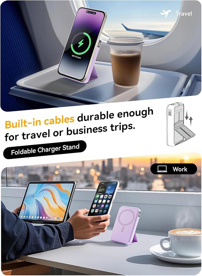 Magnetic Power Bank, 10000mAh Wireless Portable Charger with 20W USB-C Fast Charging, Foldable Stand & LED Display Battery Pack, Compatible with iPhone 16/15/14/13/12, Light Purple