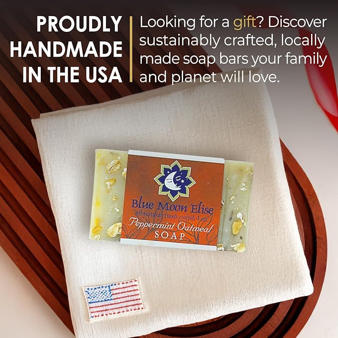 Peppermint Oatmeal Bar Soap, Scented with Premium Peppermint Essential Oils, Handmade in the USA, Moisturizing and Therapeutic for Face/Body, For Sensitive Skin