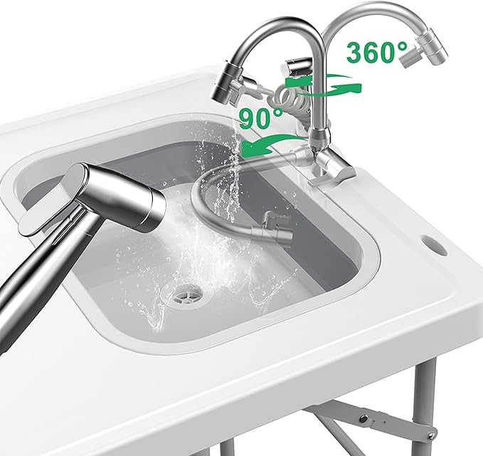 Allpop 50'' Folding Fish Cleaning Table with Foldable Sink, Fold-in-Half Portable Camping Fish Station with Foldable Faucet, Drainage Hose, Sprayer, Storage Box, Grooves & Carry Bag for Picnic, White