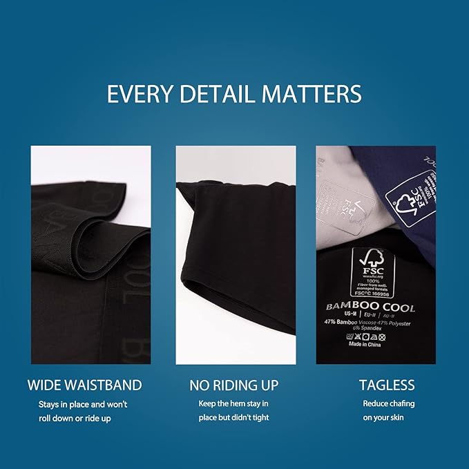 BAMBOO COOL Men's Underwear Boxer Briefs Fly with Built-in 3D Pouch Comfortable Cool Underwear for Men 4 Pack