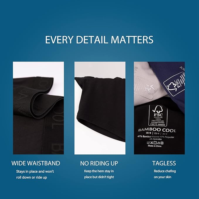 BAMBOO COOL Men's Underwear Boxer Briefs Fly with Built-in 3D Pouch Comfortable Cool Underwear for Men 4 Pack