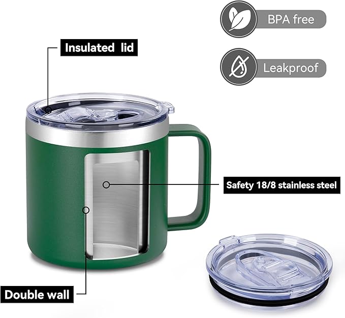 VEGOND 14 oz Insulated Coffee Mug Bulk with Handle, Stainless Steel Travel Coffee Mug with Lid, Double Wall Vacuum Metal Coffee Cup, Coffee Tumbler Powder Coated, Dark Green 8 Pack