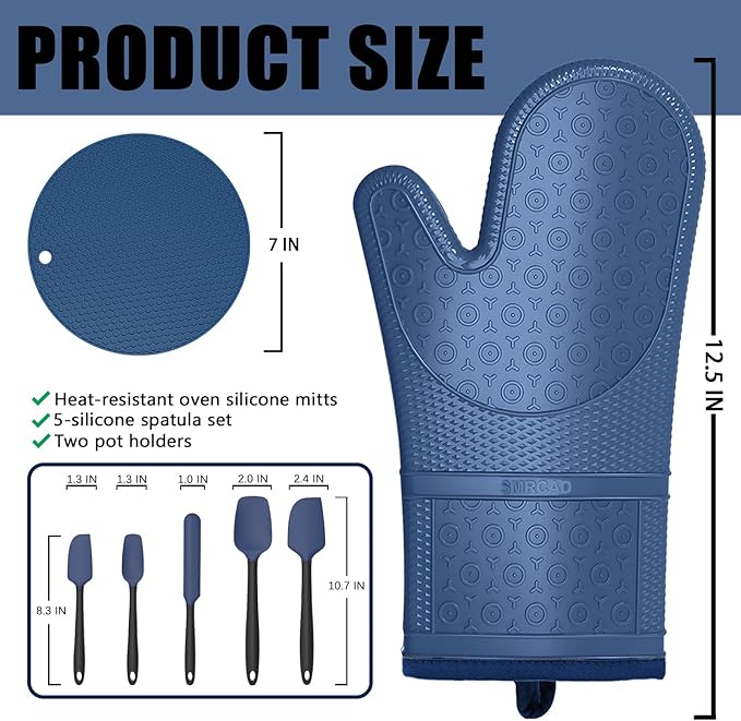 Oven Mitts with Heat-Resistant Hot Pads and Five Silicone Spatulas Designed for Kitchen Baking Cooking, Oven Glove Soft Cotton Lining, Waterproof, BPA-Free (Dark Blue, 12.6)