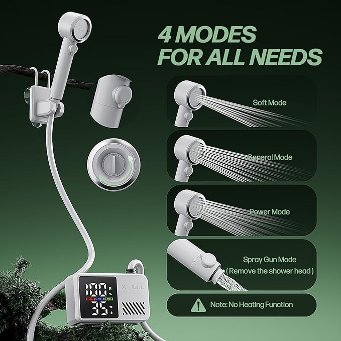 Portable Shower for Camping, Powerful 10L/Min Water Flow, Rechargeable Shower Pump with Bath Sponge, 4 Spray Modes, IPX8 Waterproof, 7800mAh Battery, Ideal for Hiking, Travel, Car Wash, Pet