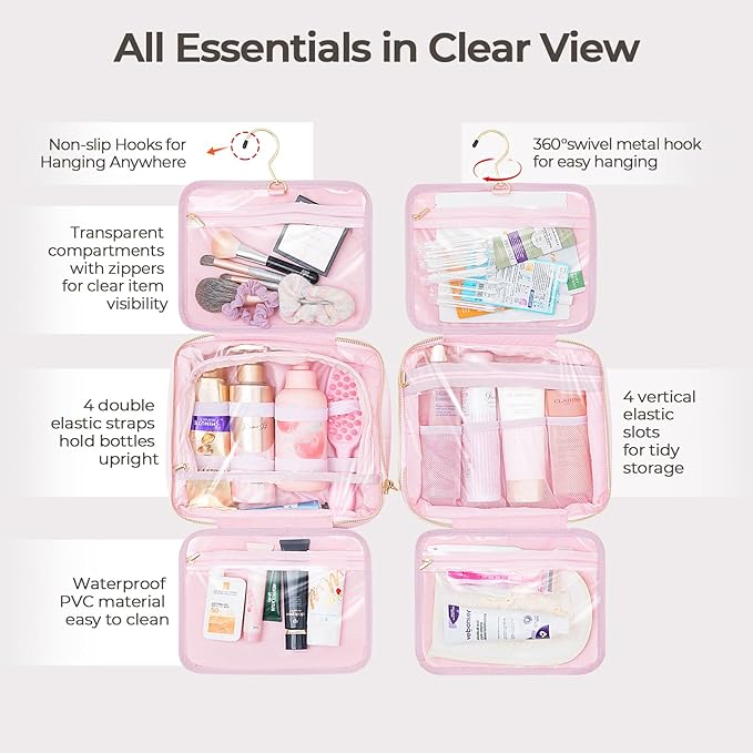 Hanging Travel Toiletry Bag for Women Detachable Toiletry Bag with 6 Compartments Large Makeup Bag Cosmetic Organizer for Bathroom Shower Business Trips Camping, Pink