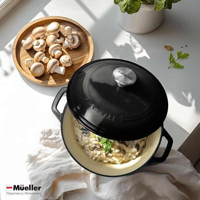 MÜELLERHOME 4.5 QT Enameled Cast Iron Dutch Oven, Heavy-Duty Casserole Dish and Braiser Pan with Lid and Stainless Knob, Oven-Safe up to 500° F & Across All Cooktops, Black