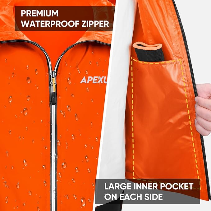 APEXUP Packable Rain Jacket Men with Reflective Zipper, Lightweight Waterproof Raincoat, Mens Rain Jacket for Outdoor Sports