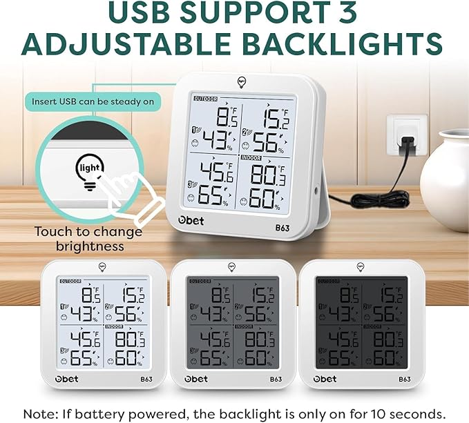 OBET Indoor Outdoor Thermometer Wireless with 3 Sensors Weather Station Temperature Humidity Monitor 500ft Range and Adjustable Backlight and Min Max Data White