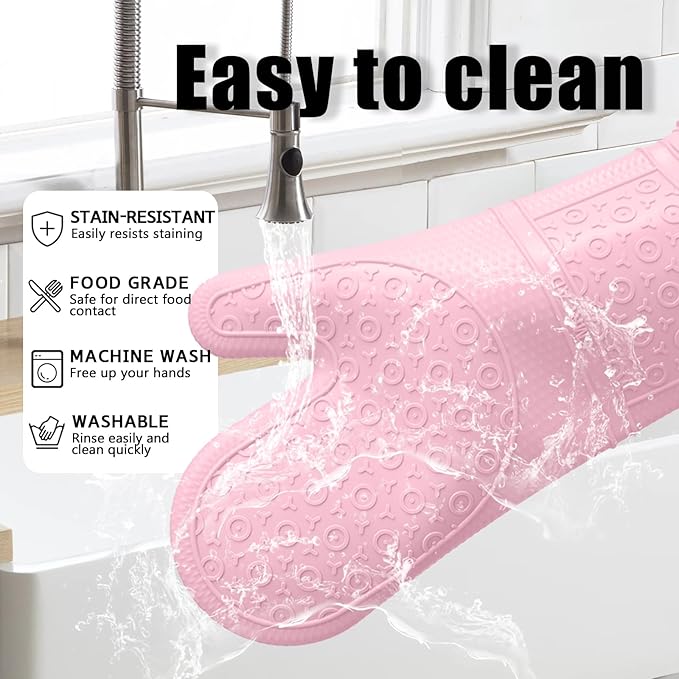 Oven Mitts with Heat-Resistant Hot Pads and Five Silicone Spatulas Designed for Kitchen Baking Cooking, Oven Glove Soft Cotton Lining, Waterproof, BPA-Free (Pink, 15.7)