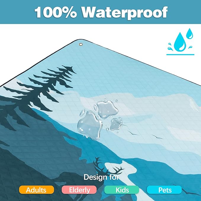 PY SUPER MODE Extra Large Waterproof Picnic Blankets 83x79 Inches - 5 Layer Outdoor Picnic Mat for Beach Camping Park Lawn, Windproof Anchor System with Stakes, Foldable Blue&Brown