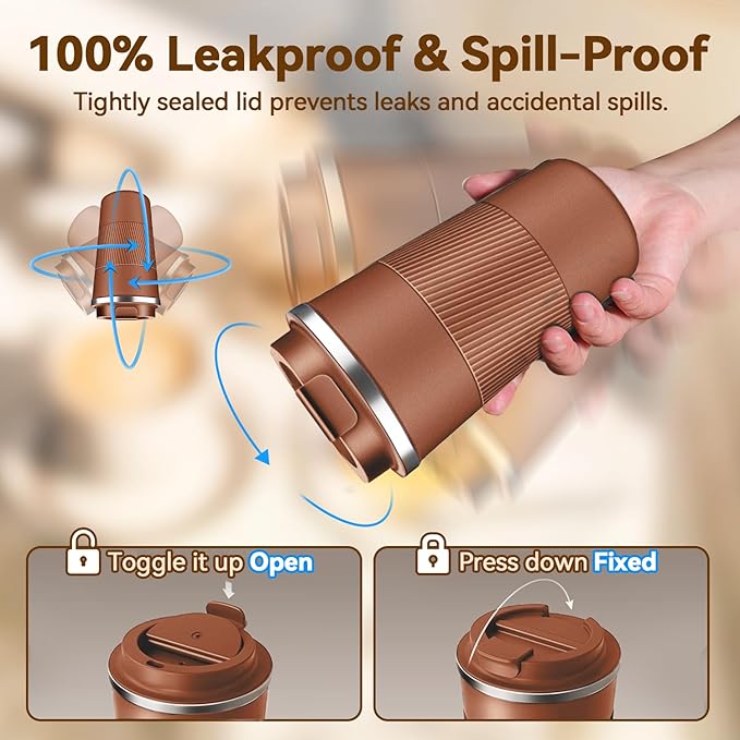 12OZ Travel Coffee Mug Insulated Coffee Cup with Spill Leak Proof Lid, Portable Stainless Steel Tumbler Reusable Hot and Cold Water Mug for Car, Daily, Camping- Coffee