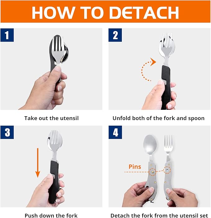 HIKENTURE Camping Utensils with Case 4-in-1 Folding Flatware Stainless Steel Fork Knife Spoon Bottle Opener Travel Cutlery Hobo Multitool Set(Black 2 Pack)