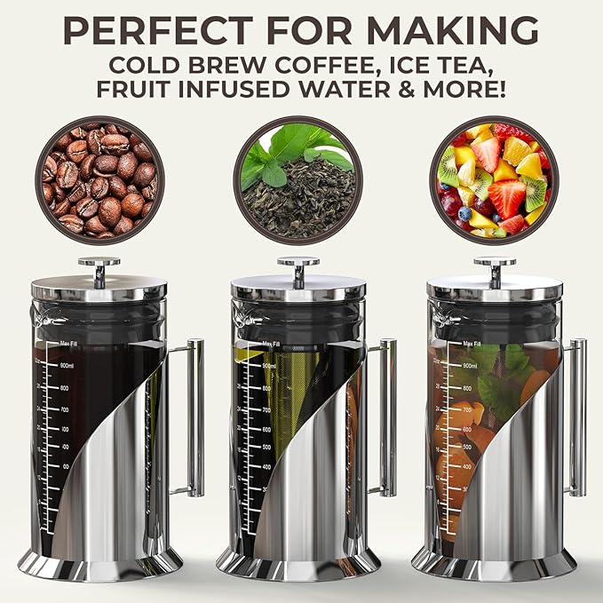 Cafe Du Chateau Stainless Steel French Press Coffee Maker - 34oz Insulated Coffee Press with 4-Level Filtration, BPA Free, Durable Glass, Great for Tea