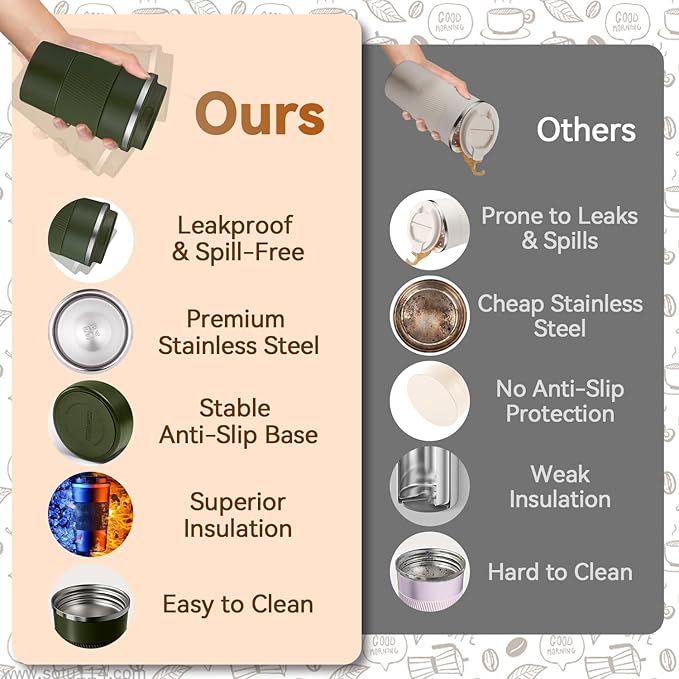 17OZ Travel Coffee Mug Insulated Coffee Cup with Spill Leak Proof Lid, Portable Stainless Steel Tumbler Reusable Hot and Cold Water Mug for Car, Daily, Camping- Military Green