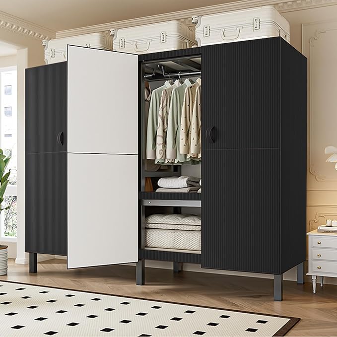 FPIGSHS Heavy Duty Clothes Rack with Magnetic door 2000LBS Foldable Portable Wardrobe Closet for Hanging Clothing Rolling Garment Rack on Wheels for Bedroom closet system (A（black door）, 71in)