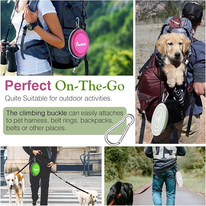 Pawaboo Collapsible Dog Bowls 2 Pack, Silicone Feeding Watering Bowls with Lids & Carabiners for Dogs Cats, Portable Water Feeder Food Bowl for Walking Traveling Home Use, 1000ml, Pink + Green