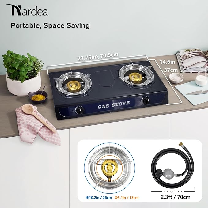 Propane Gas Stove Double Burner, Pulse Ignition LPG Cooktop, 17000 BTU Portable 2 Burner Propane Stove for Outdoor Cooking, camping, tailgating,or Emergencies