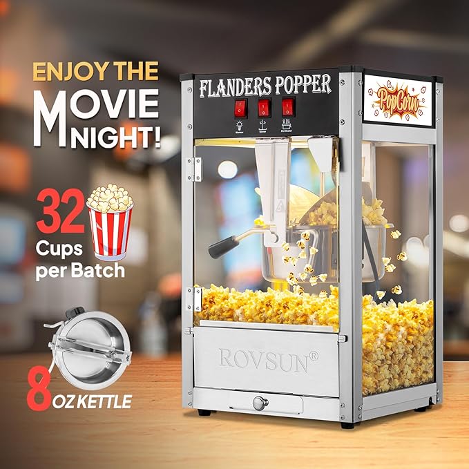 ROVSUN Popcorn Machine with 8 Ounce Kettle Makes Up to 32 Cups ETL Certified, Countertop Popcorn Maker Commercial Popcorn Machine Movie Theater Style w/Scoop, Oil Spoon & 3 Popcorn Cups, Black
