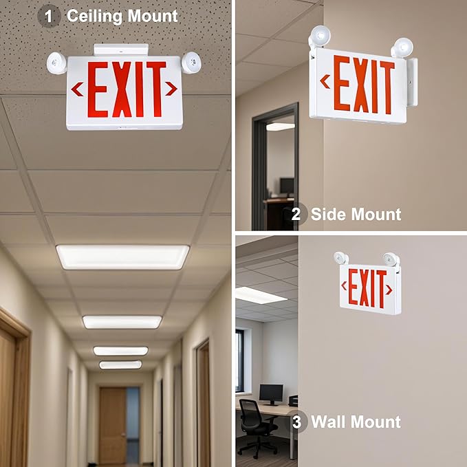 Gruenlich Exit Signs with Emergency Lights, 2 Adjustable LED Head with Battery Backup, 94V-0 Fire Resistant, AC 120/277V, Hardwired Commercial Emergency Light Combo for Business, 6 Pack