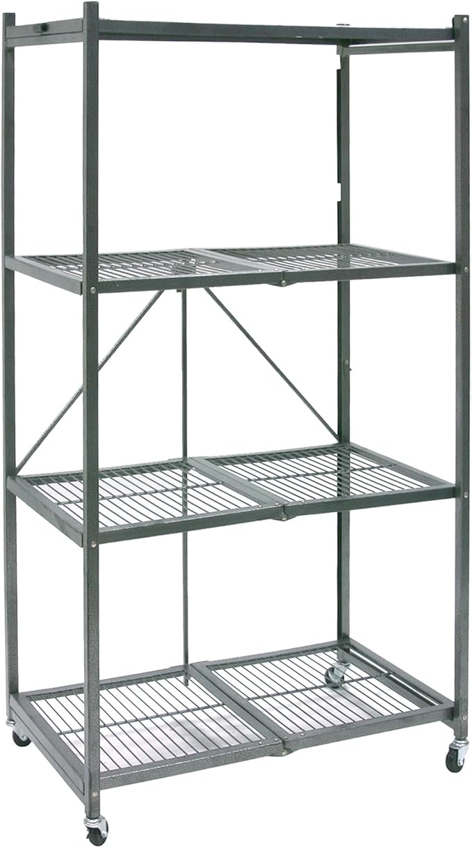 Origami R5 4-Shelf Heavy-Duty Folding Storage Rack, Pewter - Large Foldable Metal Shelving Unit with Wheels for Garage, Pantry, Basement, Laundry Room or Warehouse