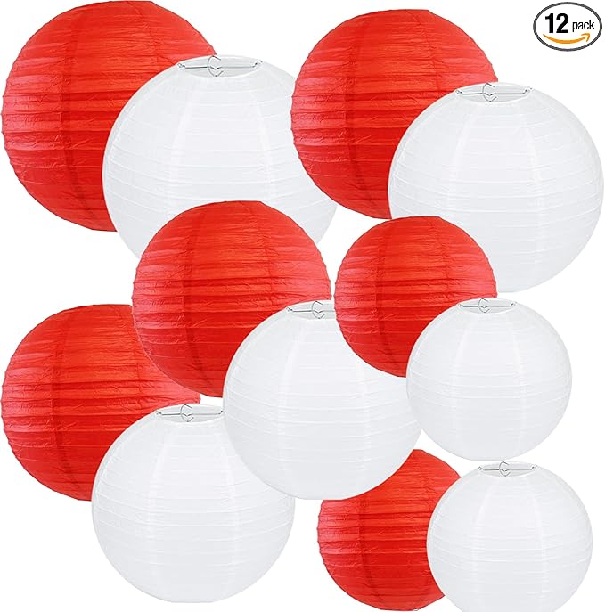 12Pcs Round Paper Lanterns Assorted Sizes (6" 8" 10" 12") for Home Decor, Restaurant, Church, Wedding, Birthday Party Decorations, Hanging Chinese Japanese Paper Lantern Lamps (White and Red)