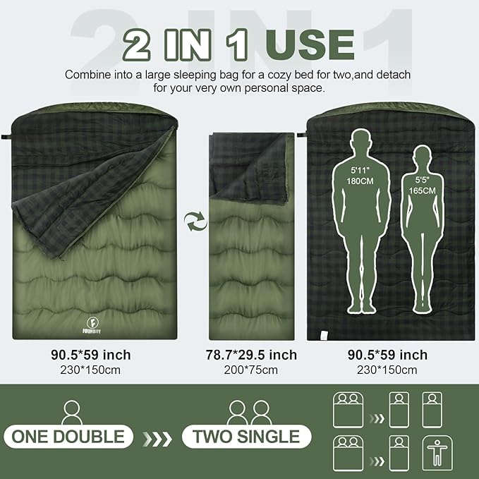 0 Degree Flannel Double Sleeping Bag for Adults, Couples or Family - Winter Queen Size Waterproof & Warm 2-Person Sleeping Bag for Cold Weather Camping, RV Travel