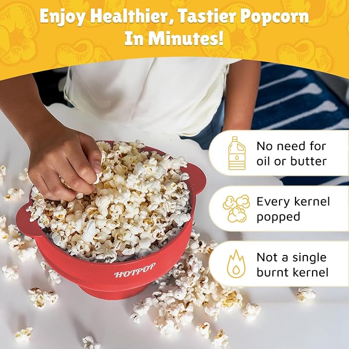 POPCO Silicone Popcorn Maker - Microwave Popcorn Popper - Collapsible Bowl, Heat-Resistant, Easy to Clean, Ideal for Family Movie Nights, 15-Cup Capacity - Transparent Red
