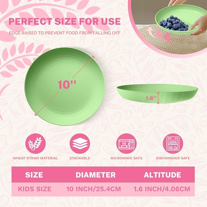 Homienly Wheat Straw Plates Set, 10 inch Deep Dinner Plates, Unbreakable Plates for Kitchen, Camping, 8 PCS Lightweight Round Plates, Microwave and Dishwasher Safe Plate Set - Light Green