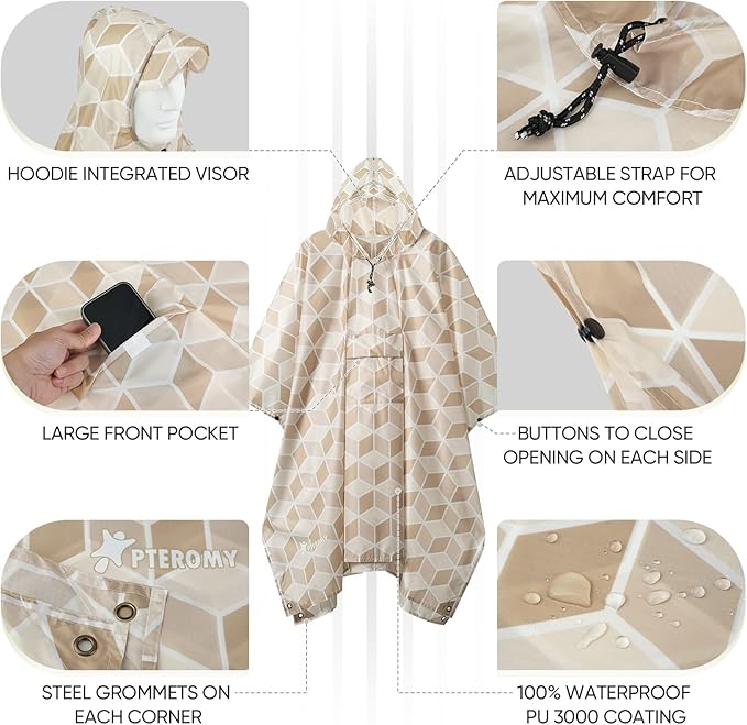 PTEROMY Hooded Rain Poncho for Adult with Pocket, Waterproof Lightweight Unisex Raincoat for Hiking Camping Emergency