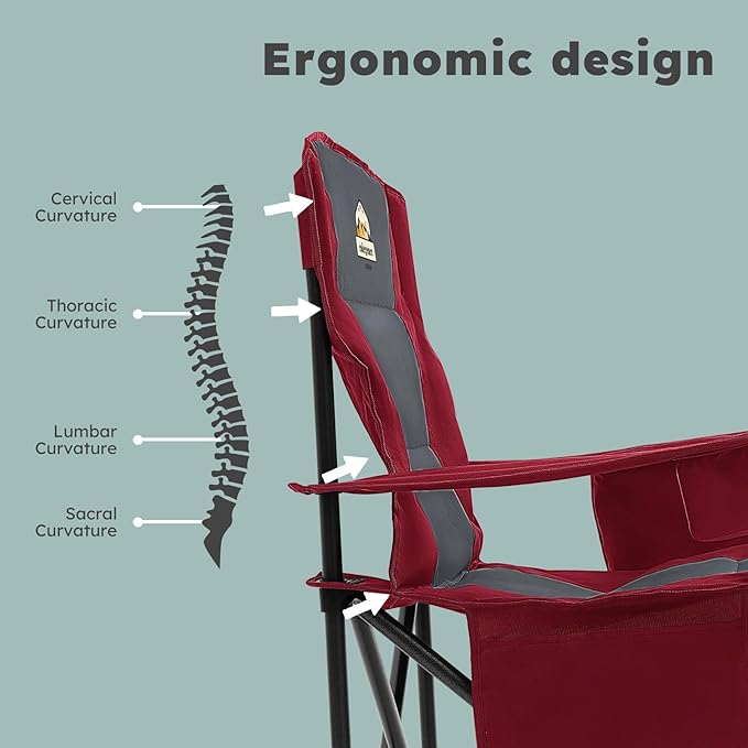 Oversized Folding Camping Chairs - 450 LBS Support Heavy Duty Camp Chair with Padded Cushion, Portable Outside Chairs with Carry Bag，Cooler, Cup Holder for Outdoor, Lawn, Sports - Red