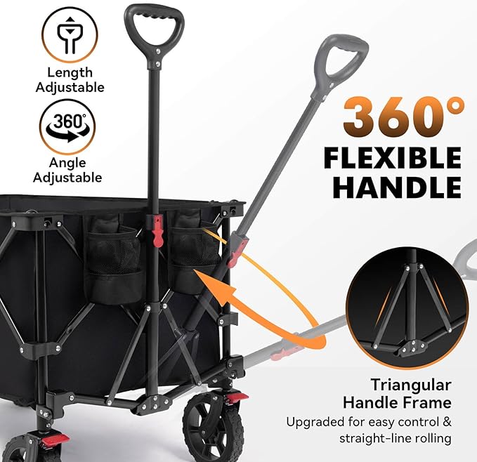 Hikenture Collapsible Wagon 330LBS Capacity, 200L Extra Large Wagons Carts Foldable, Heavy Duty Folding Wagons with All-Terrain Wheels, Utility Beach Cart for Outdoor Garden, Black