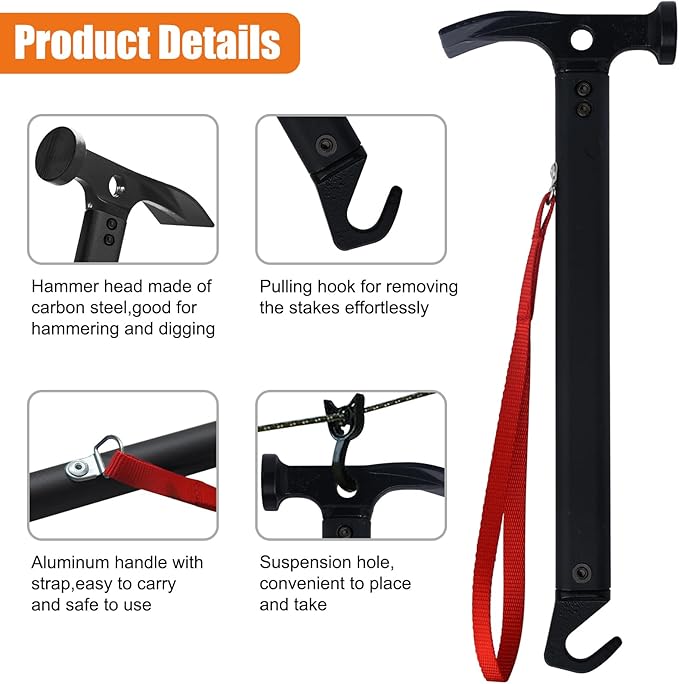 Eurmax USA Hiking Camping Tent Stakes and Hammer Set Lightweight Multi-Function Tent Hammer with Tent Stake Remover,Tent Pegs for Camping, Hiking, Backpacking, Gardening(Blue Stakes)