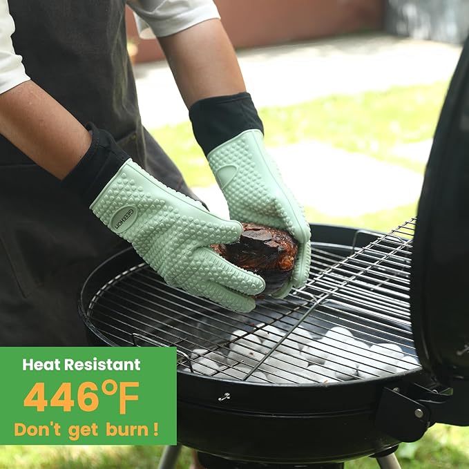 GEEKHOM BBQ Gloves Heat Resistant Oven Mitts - Silicone Grilling Gloves with 14" Long Arm Protection - Waterproof Pot Holder Non-Slip for Men & Women, Kitchen Cooking, Baking, Camping, Mint Green
