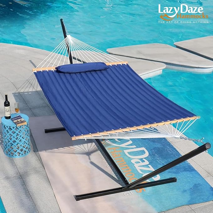Lazy Daze Hammocks 12 FT Double Quilted Fabric Hammock with Spreader Bars and Detachable Pillow, 450 LBS Weight Capacity, Navy Blue