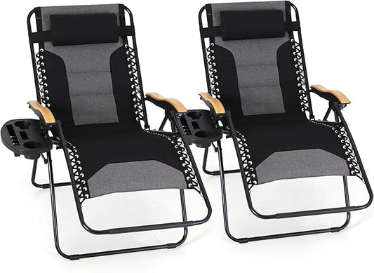 MFSTUDIO Zero Gravity Chairs Set of 2, XL Oversized Outdoor Anti Gravity Chair, Patio Lounge Folding Adjustable Chair with Cup Holder & Padded Headrest, Support 400lbs,Black