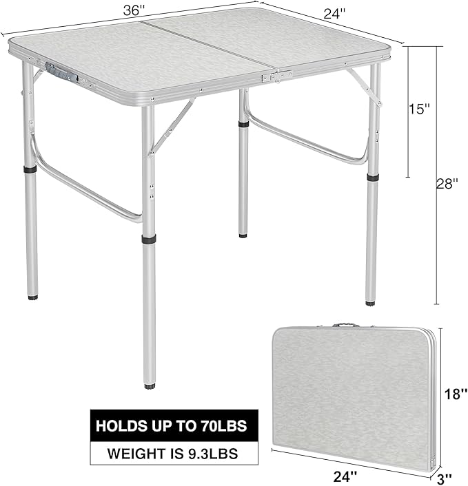 RedSwing Aluminum Folding Table 3 Feet Adjustable Height, Lightweight and Portable Camping Table, 36x24 Inches