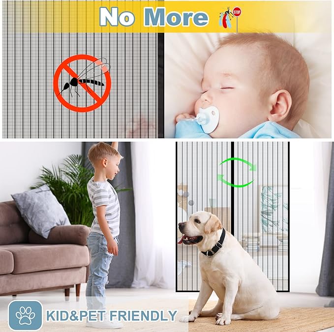 2025 Upgraded Magnetic Screen Door - 3X Heavy Duty Magnets Hands-Free - Mosquito/Insect Proof- Lets Cool Breeze in - Kid/Pet Friendly - Sliding Doors Easy Install 38"x82"