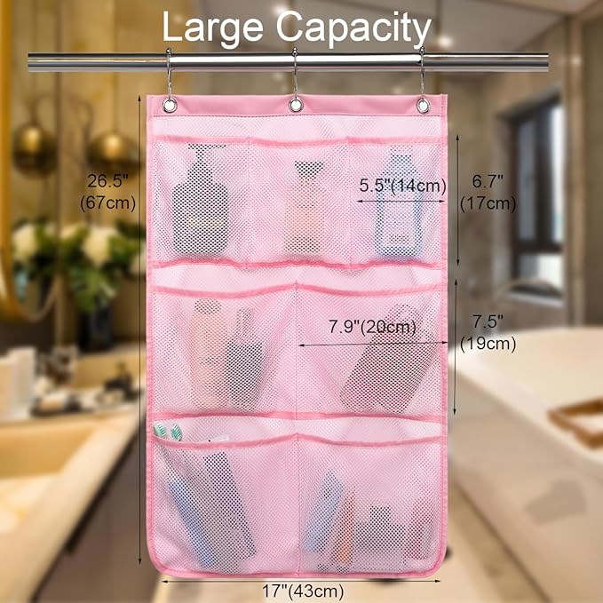 Hanging Mesh Shower Caddy for Bathroom - Quick Drying Portable Shower Organizer with Multiple Pockets for Soap,Shampoo and Cruise Ship Essentials Saving Bathroom Storage,Pink,2 Pack