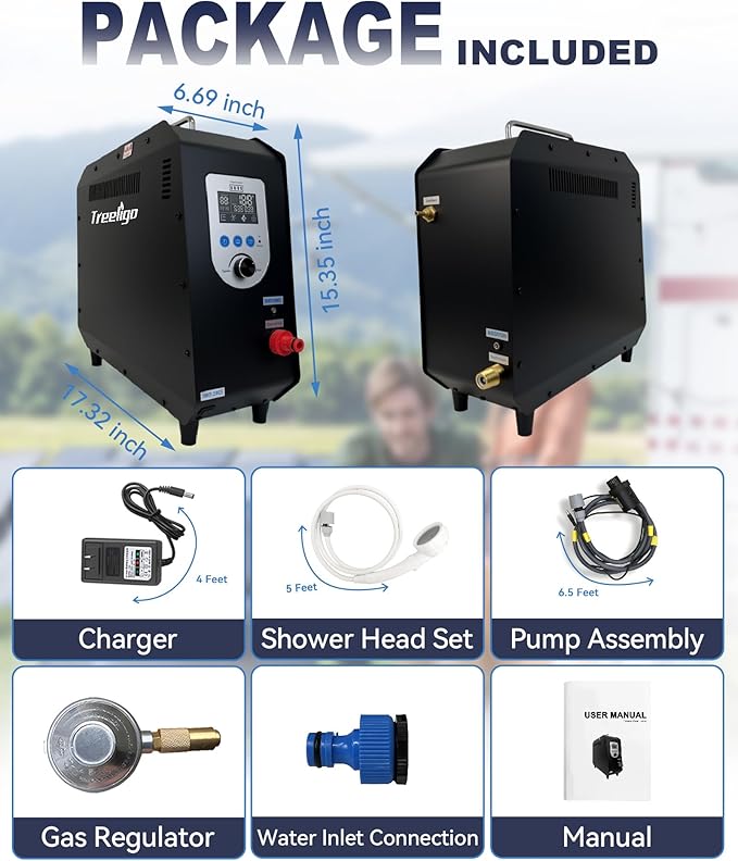 Portable Water Heater, 3s Instant Propane Hot Water Shower with Pump, Overheating Protection, Tankless Design & 4000mAh Rechargeable Battery for Camping, RV, Fishing, Outdoor Cleaning