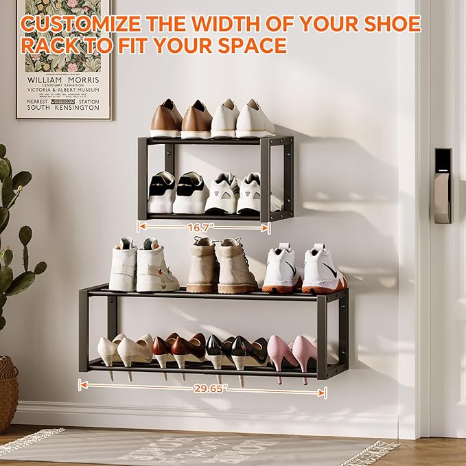 Homeiju Hanging Shoe Organizer,2 Pack Wall Mounted Shoe Rack Holds 12 Pairs,Space Saving Metal Wall Shoe Rack,Hanging Shoe Rack Shoe Holder for Small Space,Entryway,Closet,RV,Camper（Black