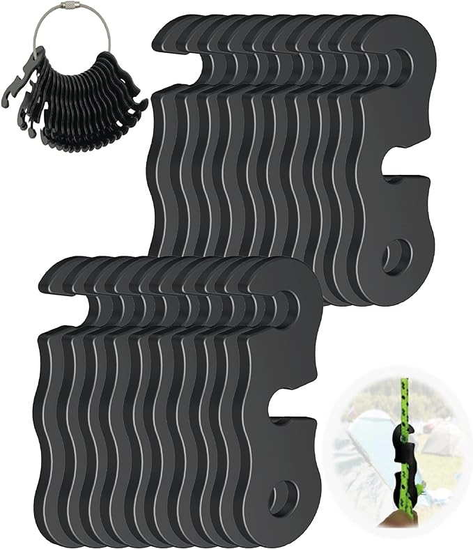 Rope Tensioner Aluminum Alloy Camping Tent Guyline Cord Adjuster Camping of Gear for Camping, Hiking, Backpacking Ultralight Tent Stakes Guy Lines (Black, 20 Pack)