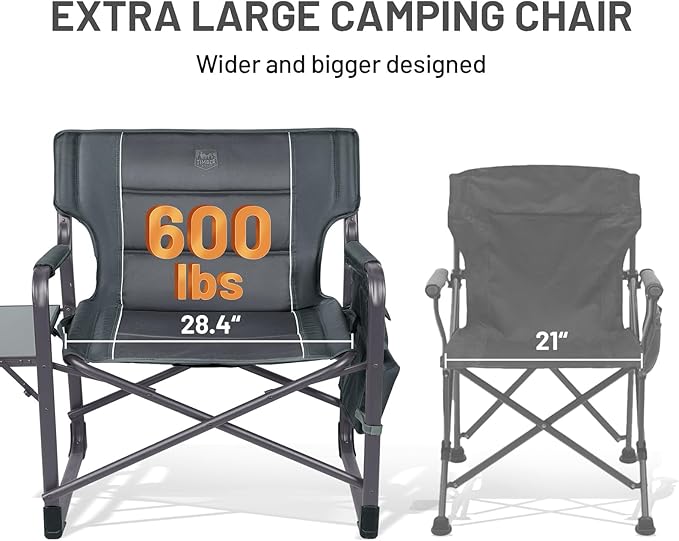 TIMBER RIDGE XXL Upgraded Oversized Directors Chairs with Foldable Side Table, Detachable Side Pocket, Heavy Duty Folding Camping Chair up to 600 Lbs Weight Capacity (Grey) Ideal Gift, 2 Pack