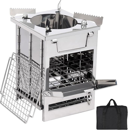 Portable Camping Wood Stove for Cooking, Folding Lightweight Stainless Steel Wood Stove with Grid and Pot Stand for Outdoor Camping Hiking Backpacking BBQ Picnic, Small