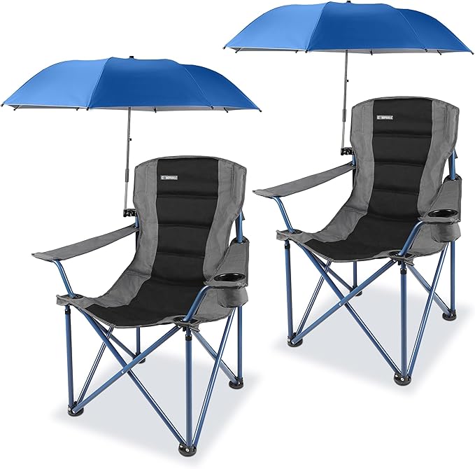 2 Pack Camping Chairs with Adjustable Umbrella-Folding Lawn Chair with American Flag Backrest-Heavy Duty Padded Camping Chair for Beach,Black