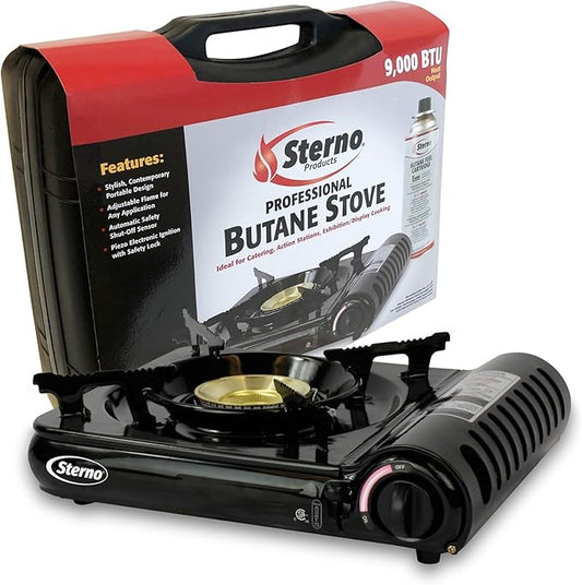 Sterno Portable Butane Stove - 9K/10K BTU Single Burner Stove, Outdoor & Indoor Use Butane Gas Burner with Carrying Case - Camping Cooktop for Tailgating, Outdoor Cooking, Catering, & Action Stations
