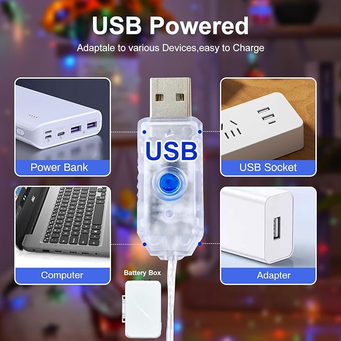 50LED Fairy Lights USB & Battery Powered 2Pack, 16FT Mutilcolor Fairy String Light with 8 Mode & Timer, Cuttable Copper Wire Waterproof Twinkle Light Indoor Outdoor for Bedroom Wedding Christmas Decor